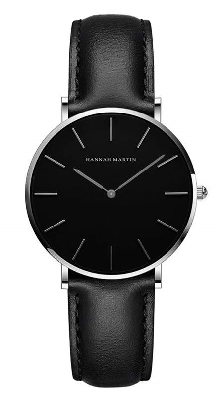 Elegant Sort Dameur med Læderrem – Minimalistisk Design